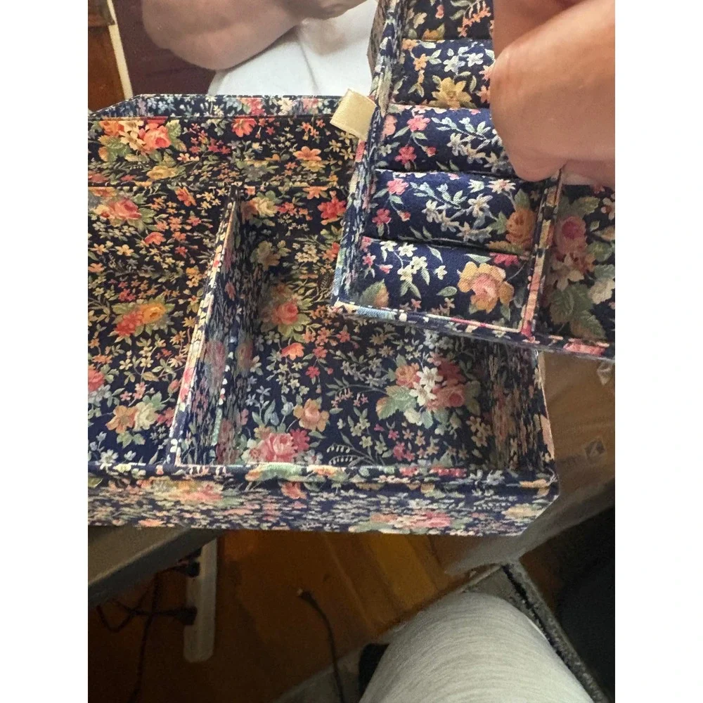 Vintage Floral Chintz Fabric Jewelry Box Navy Blue Mirror Organizer Tray